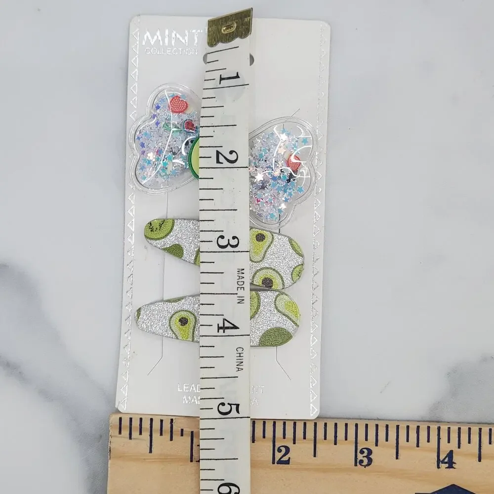 3 pc Avocado Theme Hair Accessories Glittery Bow with Avocado Charm & Snap Clips